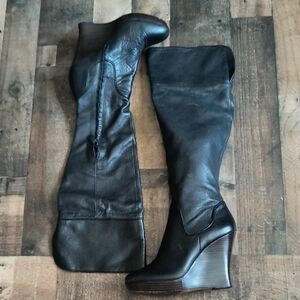 Saks Fifth Avenue Over The Knee Black Leather Wedge Boots Sz 8 Women